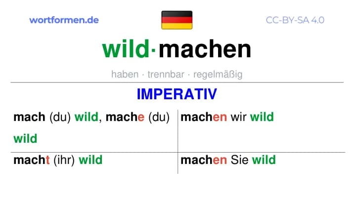 Imperativ des Verbs wildmachen, Imperativbildung wildmachen, Bildung Imperativ von wildmachen, Imperativformen von wildmachen, Befehlsformen wildmachen