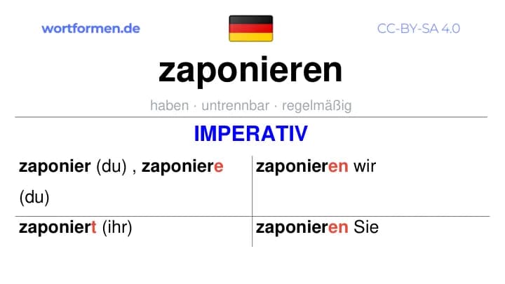 Imperativ des Verbs zaponieren, Imperativbildung zaponieren, Bildung Imperativ von zaponieren, Imperativformen von zaponieren, Befehlsformen zaponieren