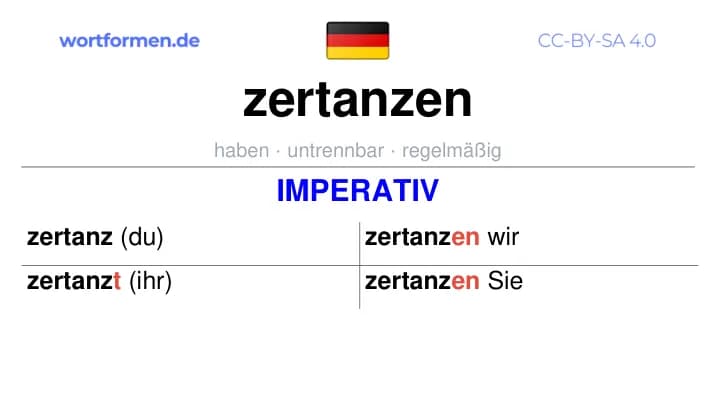 Imperativ des Verbs zertanzen, Imperativbildung zertanzen, Bildung Imperativ von zertanzen, Imperativformen von zertanzen, Befehlsformen zertanzen