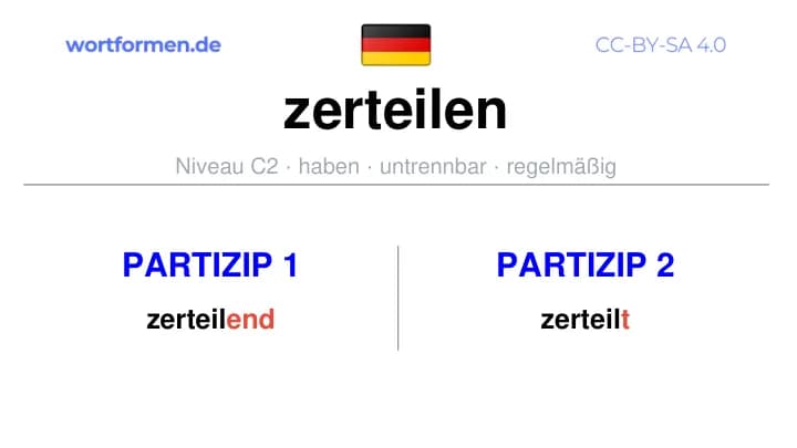 Partizip 1 des Verbs zerteilen, Partizip 1 zerteilen, Bildung Partizip I von zerteilen, Partizip 2 des Verbs zerteilen, Partizip 2 zerteilen, Bildung Partizip II von zerteilen
