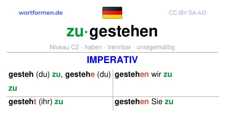 Imperativ des Verbs zugestehen, Imperativbildung zugestehen, Bildung Imperativ von zugestehen, Imperativformen von zugestehen, Befehlsformen zugestehen