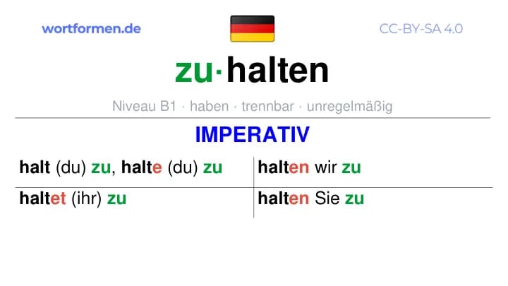 Imperativ des Verbs zuhalten, Imperativbildung zuhalten, Bildung Imperativ von zuhalten, Imperativformen von zuhalten, Befehlsformen zuhalten