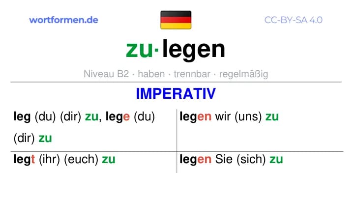 Imperativ des Verbs zulegen, Imperativbildung zulegen, Bildung Imperativ von zulegen, Imperativformen von zulegen, Befehlsformen zulegen